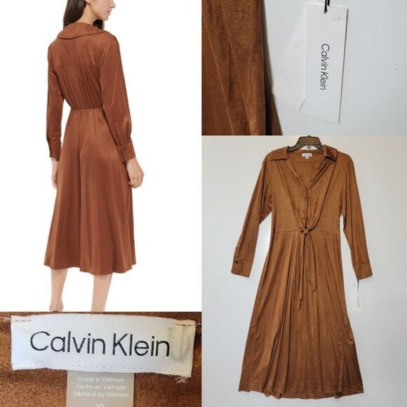 $139 FAUX SUEDE 10 CALVIN KLEIN STRETCH LONG SLEEVE BROWN CAREER MIDI DRESS NWT - Picture 1 of 12